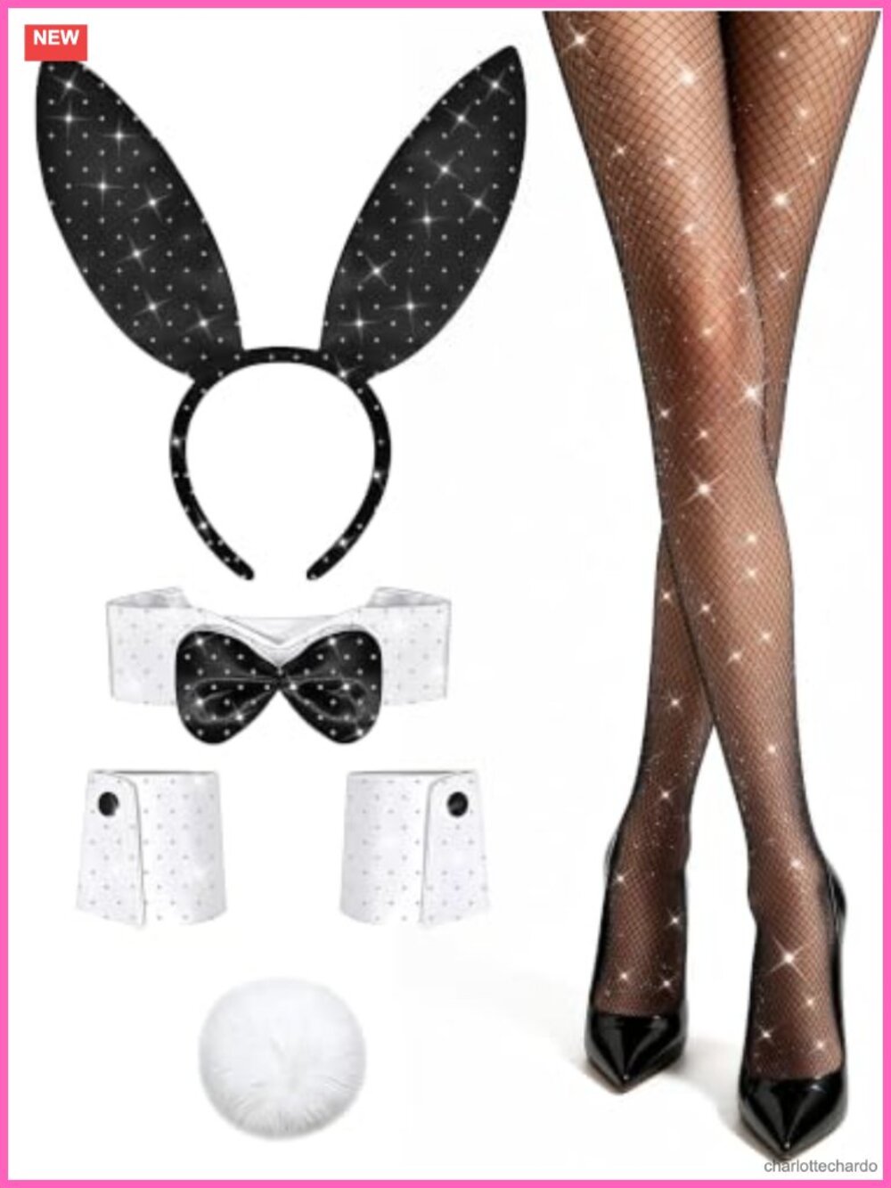 Rhinestone Bunny Costume Accessory Set Fishnet Stockings Cosplay Halloween
